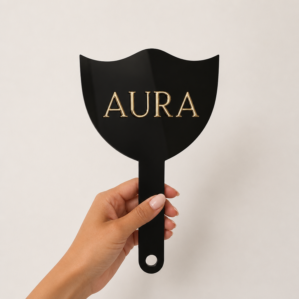 Custom 3D acrylic handheld logo mirror, black glossy back with raised gold logo — WiseTap