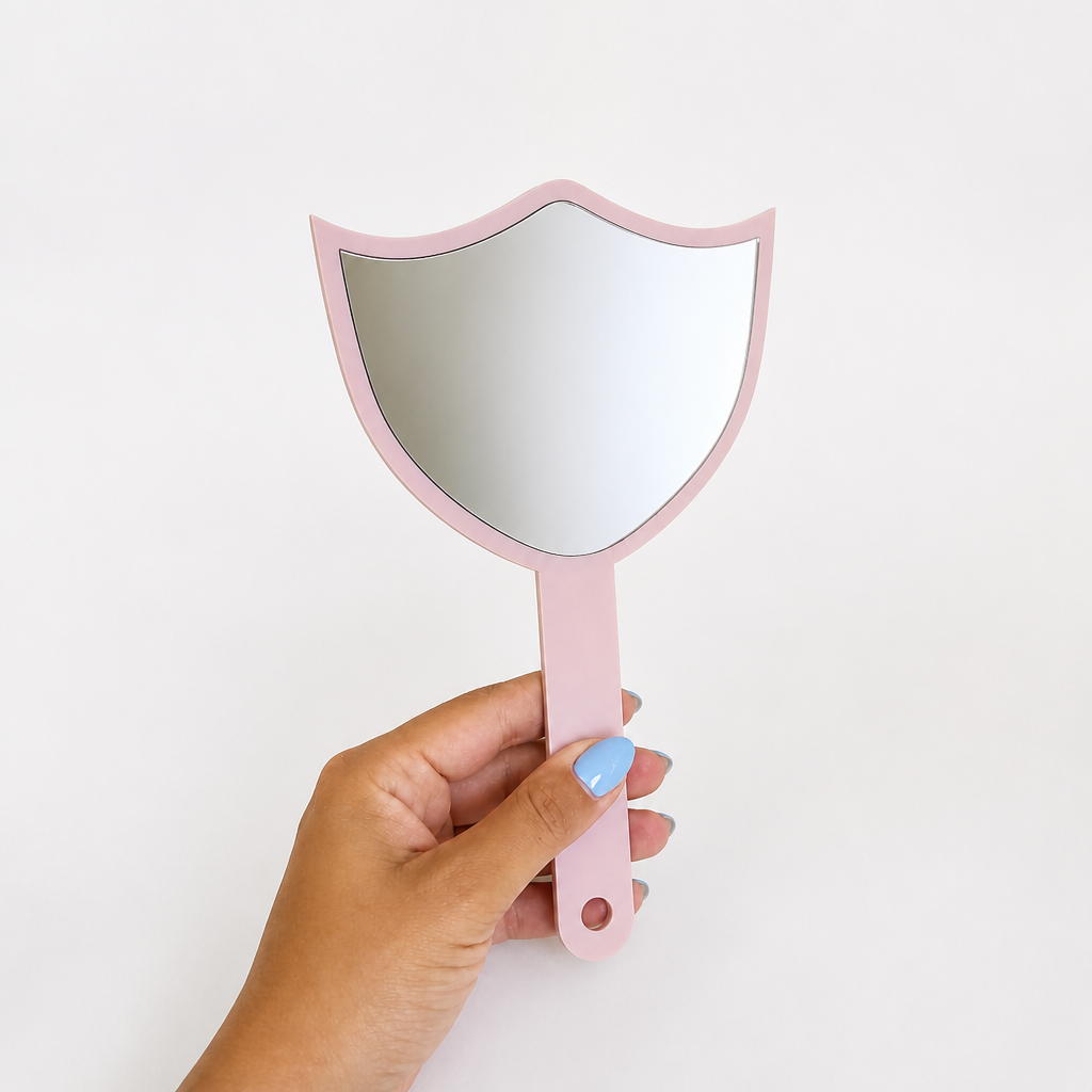 Custom 3D acrylic handheld salon mirror, pink glossy front with inset mirror — WiseTap