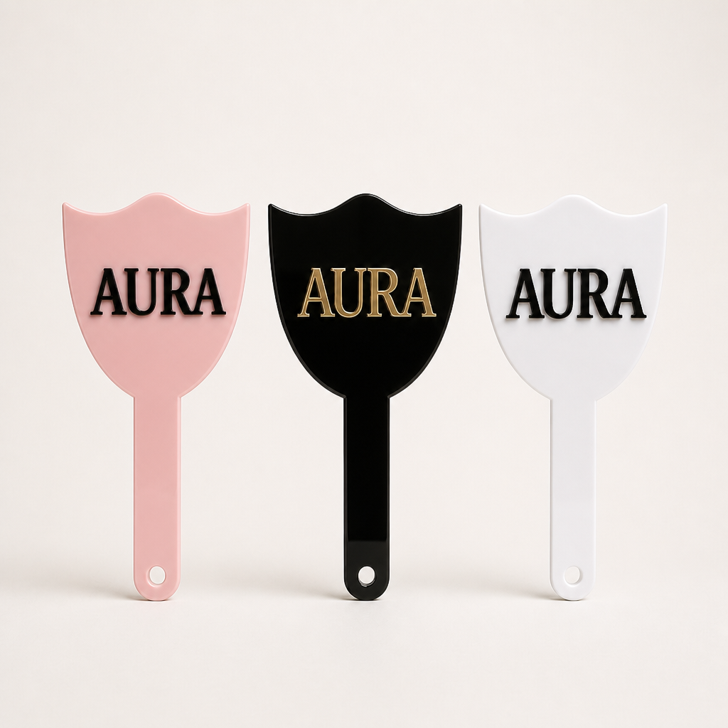 Pink, black and white glossy custom 3D acrylic handheld logo mirrors for salons — WiseTap