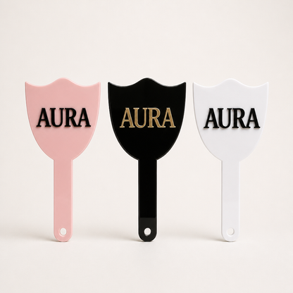 Pink, black and white glossy custom 3D acrylic handheld logo mirrors for salons — WiseTap
