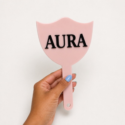 Custom 3D acrylic handheld logo mirror, pink glossy back with raised personalised logo — WiseTap