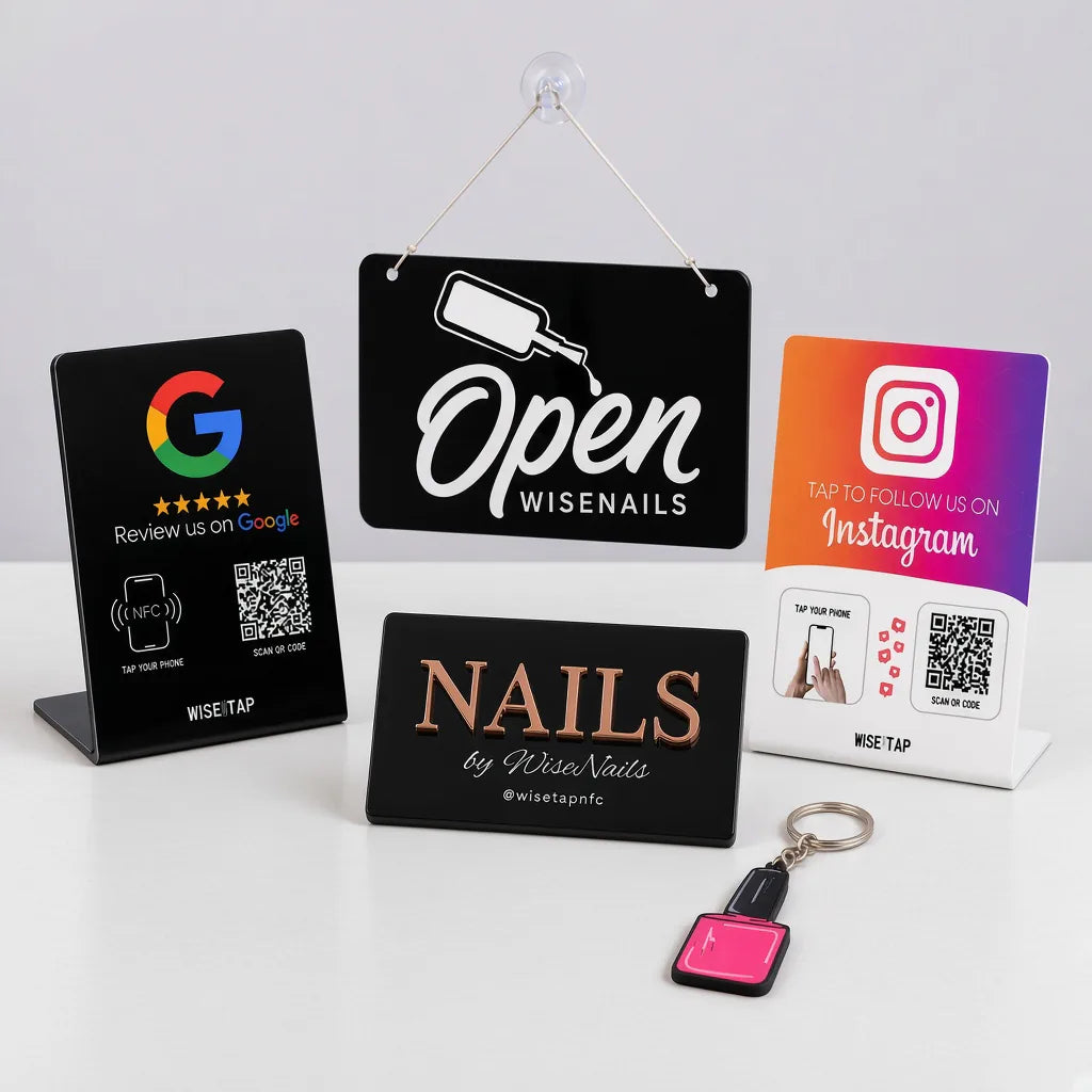 WiseTap Nail Salon Complete with Google and Instagram NFC stands, hanging Nail Tech Open/Closed sign, 3D nail photo prop and pink nail polish NFC keychain