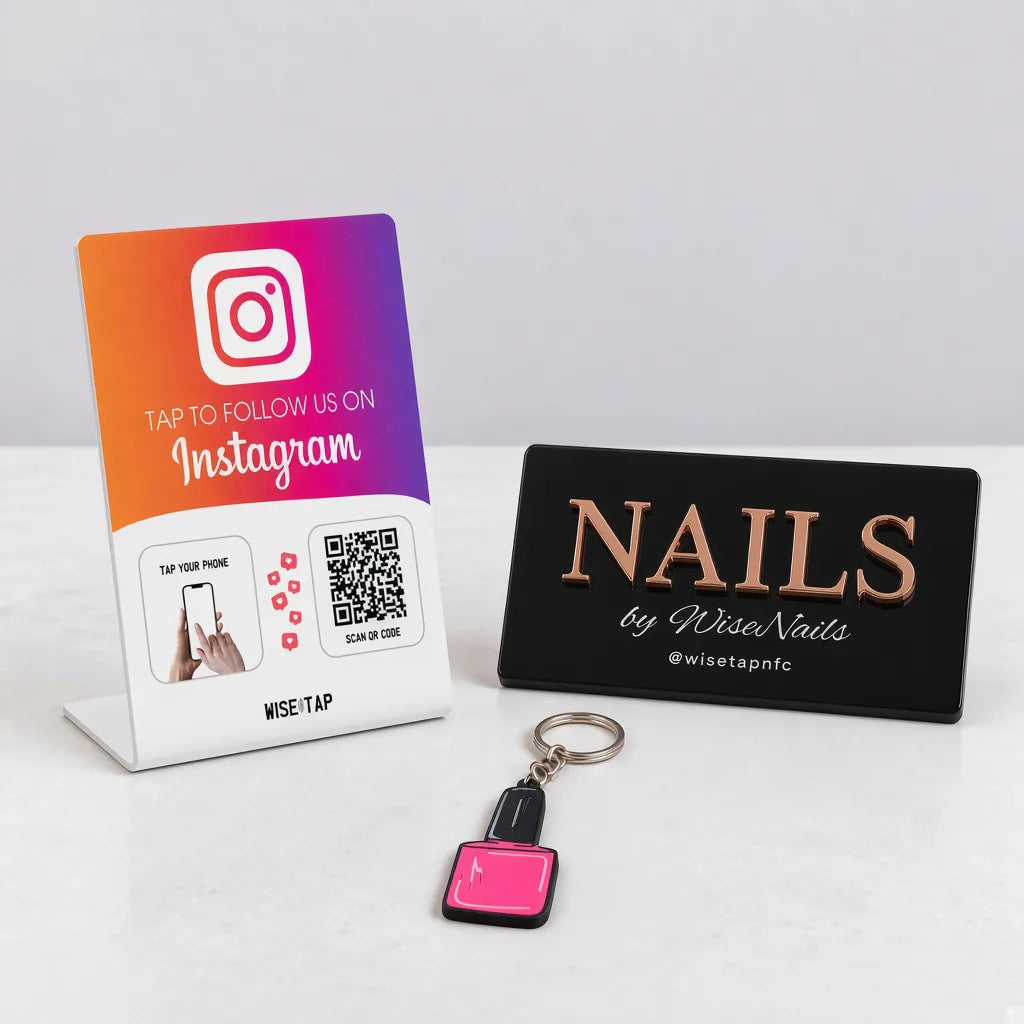 WiseTap Nail Salon Social Starter with an Instagram NFC stand, 3D acrylic nail photo prop and pink nail polish NFC keychain