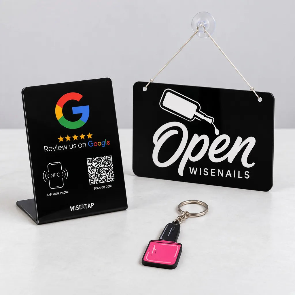 WiseTap Nail Salon Starter with a Google NFC review stand, hanging Nail Tech Open/Closed sign and pink nail polish NFC keychain