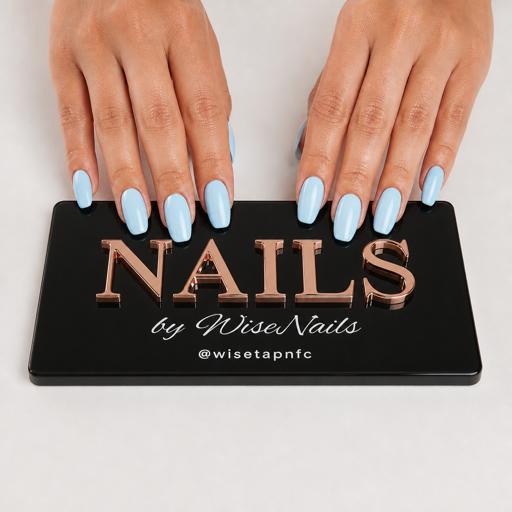 WiseTap 3D acrylic nailfie photo prop, black glossy, rose-gold NAILS by WiseNails, nails on the top edge
