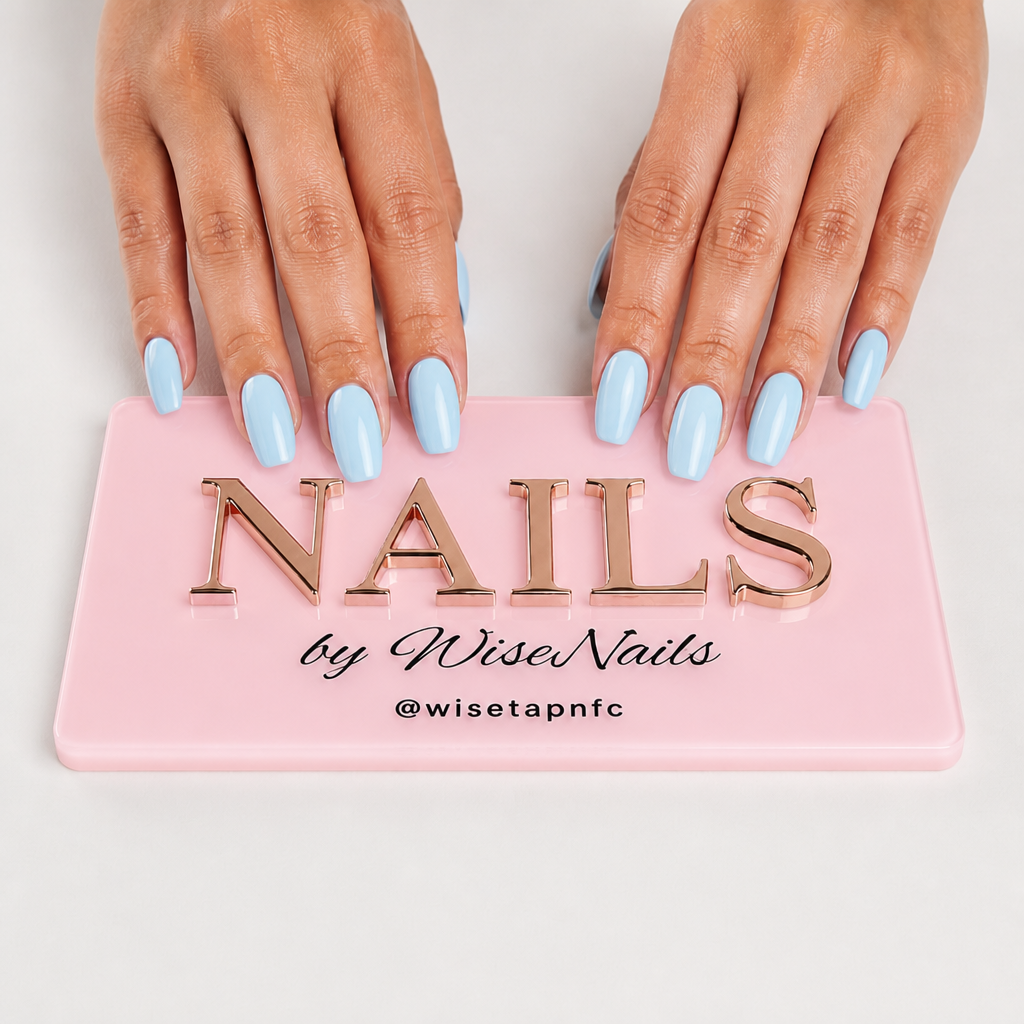 WiseTap 3D acrylic nailfie photo prop, baby pink glossy, rose-gold NAILS by WiseNails, nails on the top edge