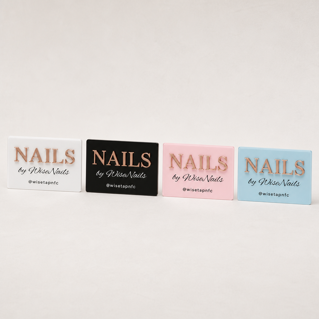 WiseTap 3D acrylic nailfie photo prop, four glossy finishes: white, black, baby pink, baby blue