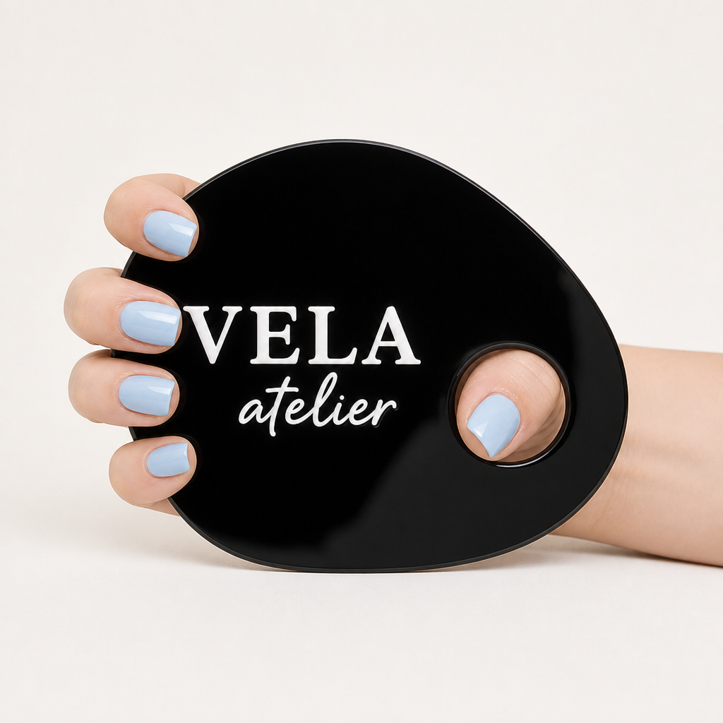 Custom Acrylic Nail Photo Prop WiseTap black glossy in hand through finger hole