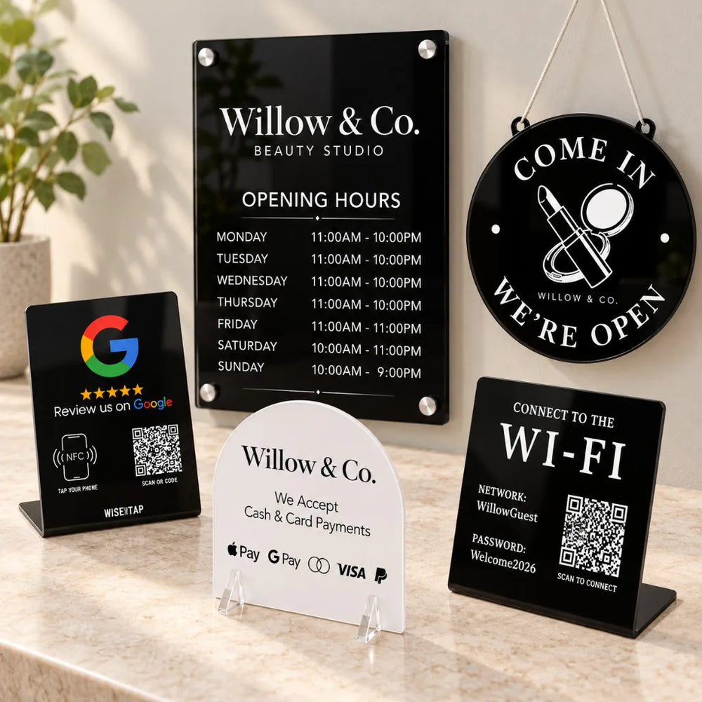 WiseTap New Business Opening Kit: acrylic opening hours sign, Google NFC stand, card payments sign, Wi-Fi QR sign and round Open/Closed door sign, personalised for Willow & Co.
