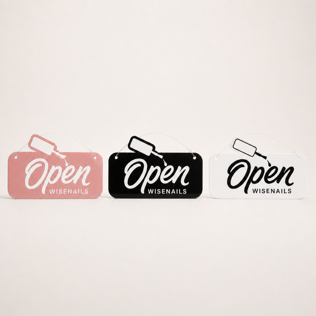 Custom Acrylic Open Closed Sign WiseTap pink black white OPEN lineup WiseNails