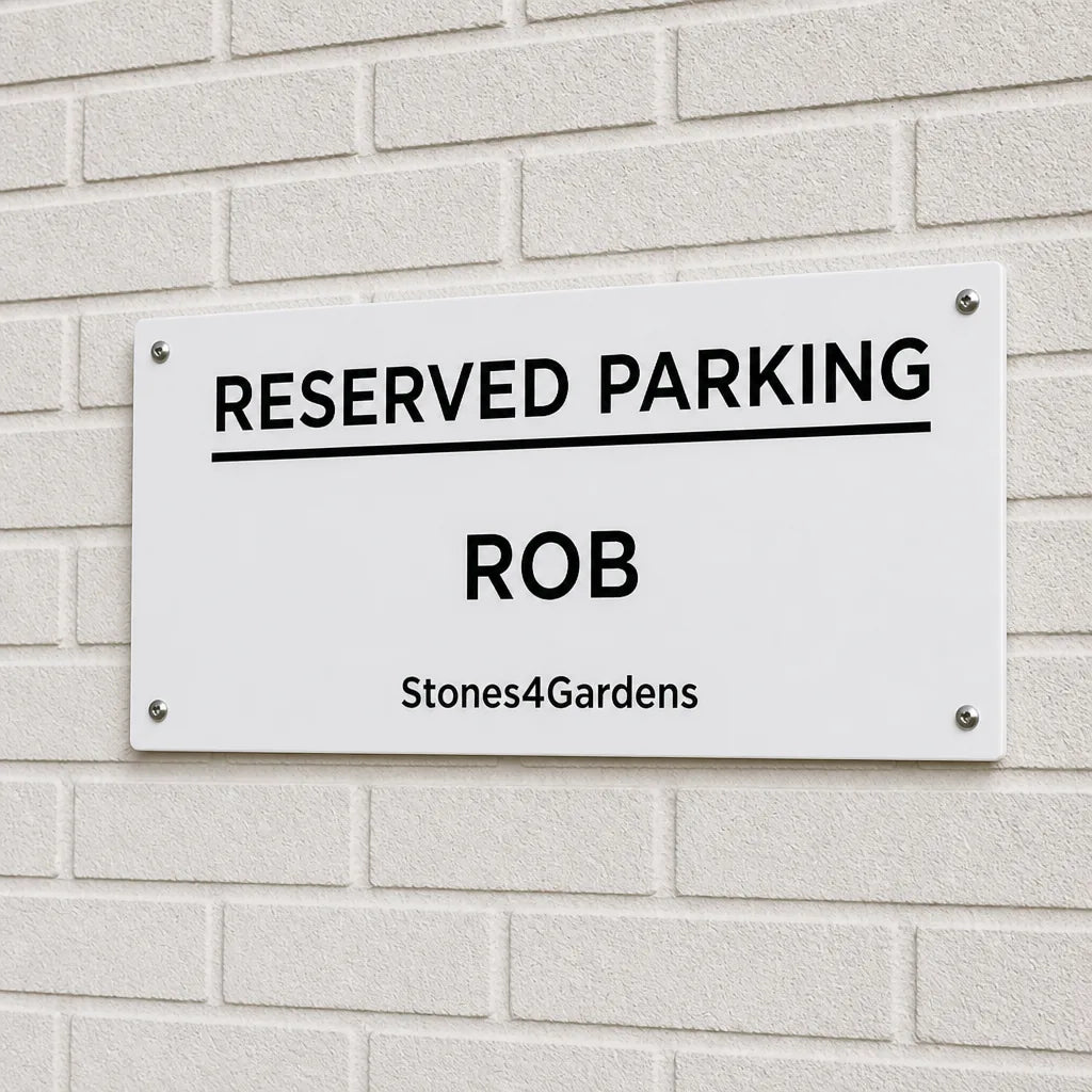 Custom Acrylic Reserved Parking Sign on a brick wall, ROB, Stones4Gardens | WiseTap