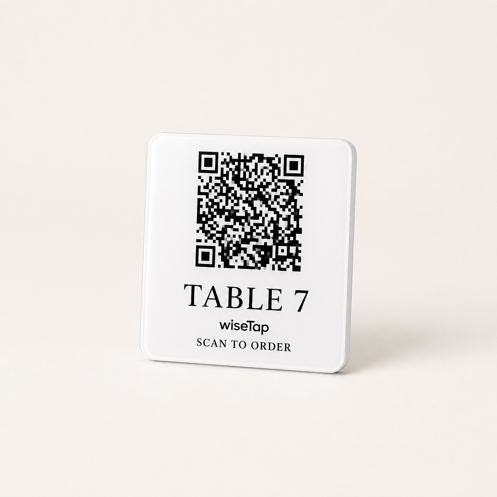 Custom Acrylic QR Table Plaques WiseTap white glossy TABLE 7 wiseTap