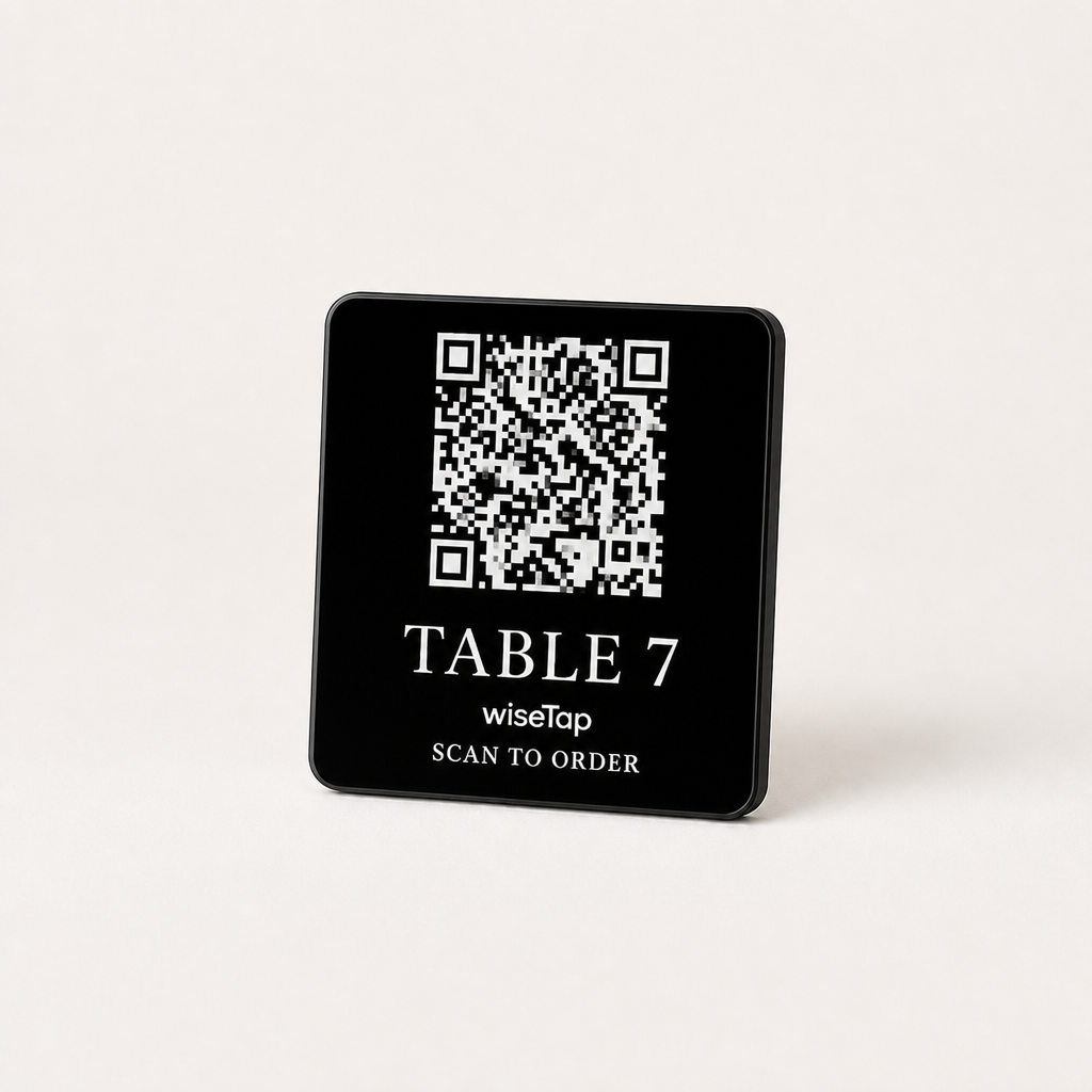 Custom Acrylic QR Table Plaques WiseTap black glossy TABLE 7 wiseTap