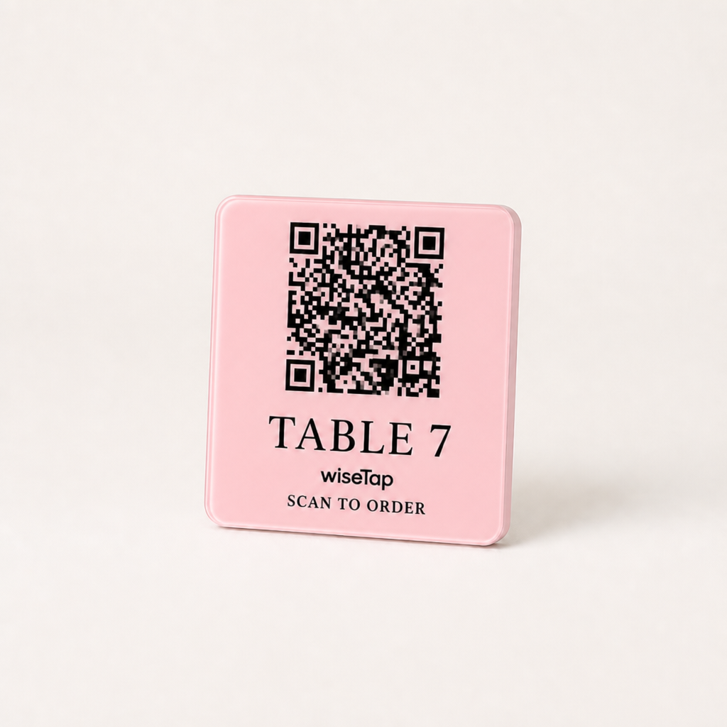 Custom Acrylic QR Table Plaques WiseTap baby pink glossy TABLE 7 wiseTap