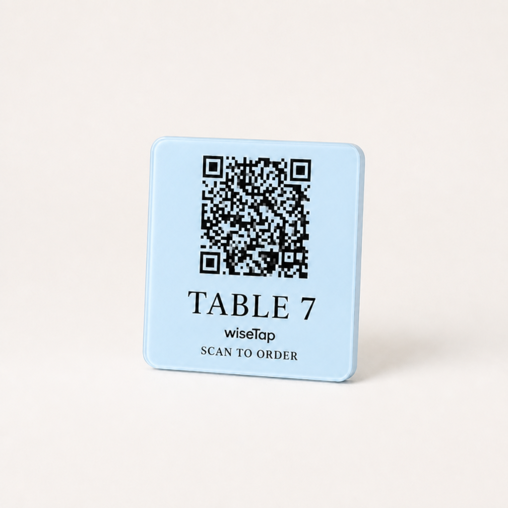 Custom Acrylic QR Table Plaques WiseTap baby blue glossy TABLE 7 wiseTap