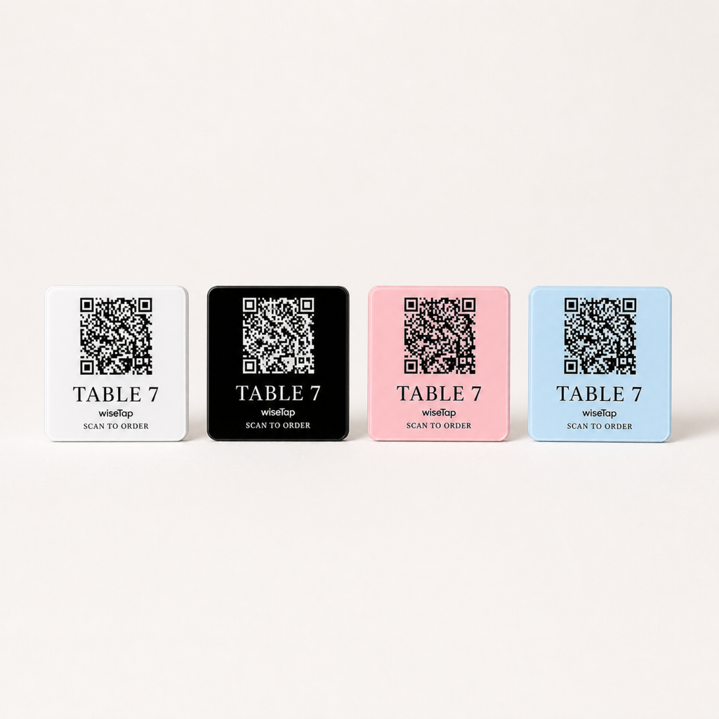 Custom Acrylic QR Table Plaques WiseTap white black baby pink baby blue TABLE 7