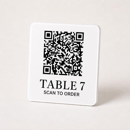Custom Acrylic QR Table Plaques WiseTap white glossy 7.5 cm TABLE 7 SCAN TO ORDER