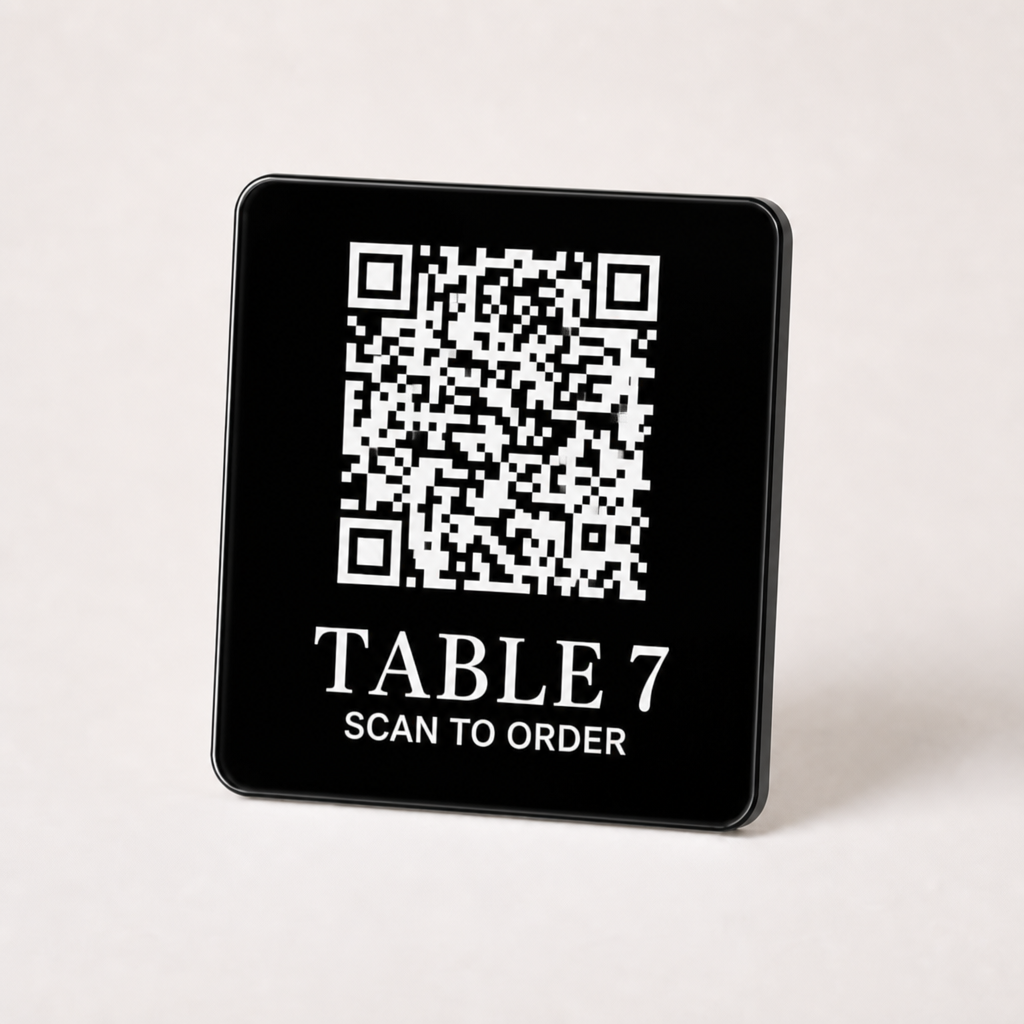 Custom Acrylic QR Table Plaques WiseTap black glossy 7.5 cm TABLE 7 SCAN TO ORDER