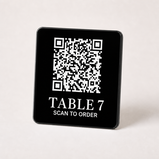 Custom Acrylic QR Table Plaques WiseTap black glossy 7.5 cm TABLE 7 SCAN TO ORDER