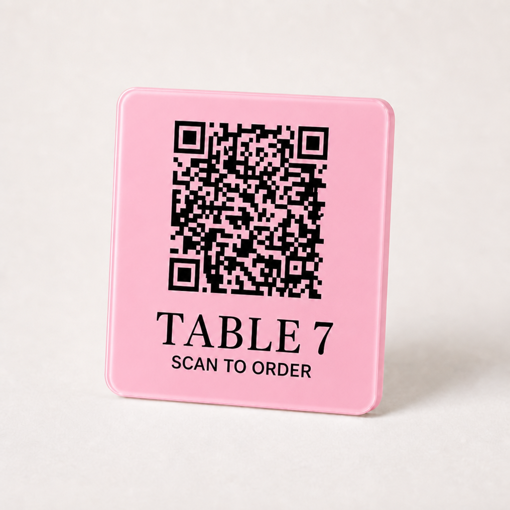 Custom Acrylic QR Table Plaques WiseTap baby pink glossy 7.5 cm TABLE 7 SCAN TO ORDER