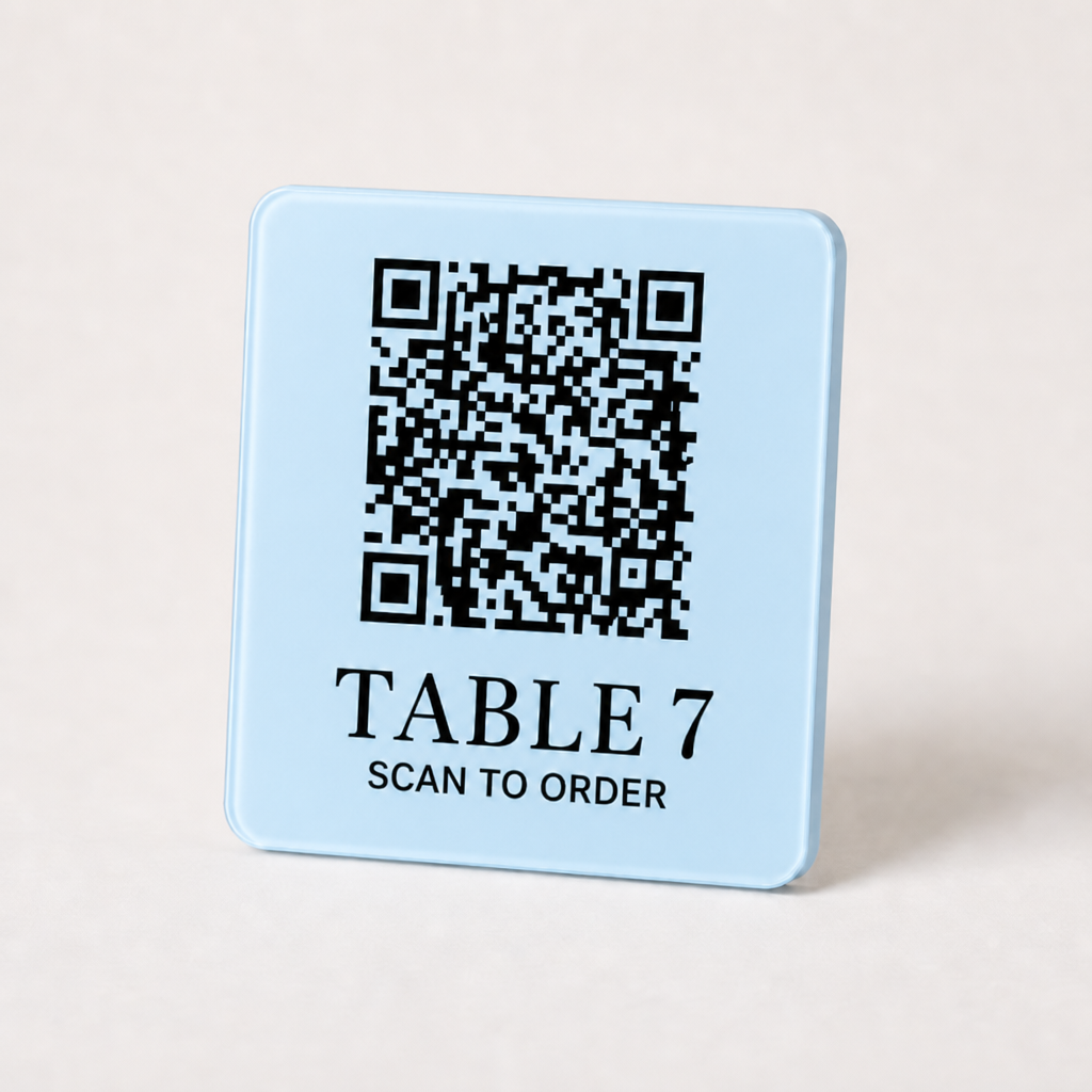 Custom Acrylic QR Table Plaques WiseTap baby blue glossy 7.5 cm TABLE 7 SCAN TO ORDER