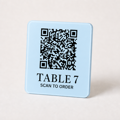 Custom Acrylic QR Table Plaques WiseTap baby blue glossy 7.5 cm TABLE 7 SCAN TO ORDER