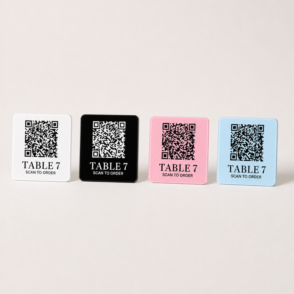 Custom Acrylic QR Table Plaques WiseTap white black baby pink baby blue TABLE 7