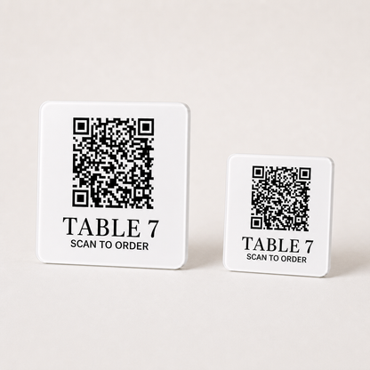 Custom Acrylic QR Table Plaques WiseTap 7.5 cm and 5 cm size comparison TABLE 7