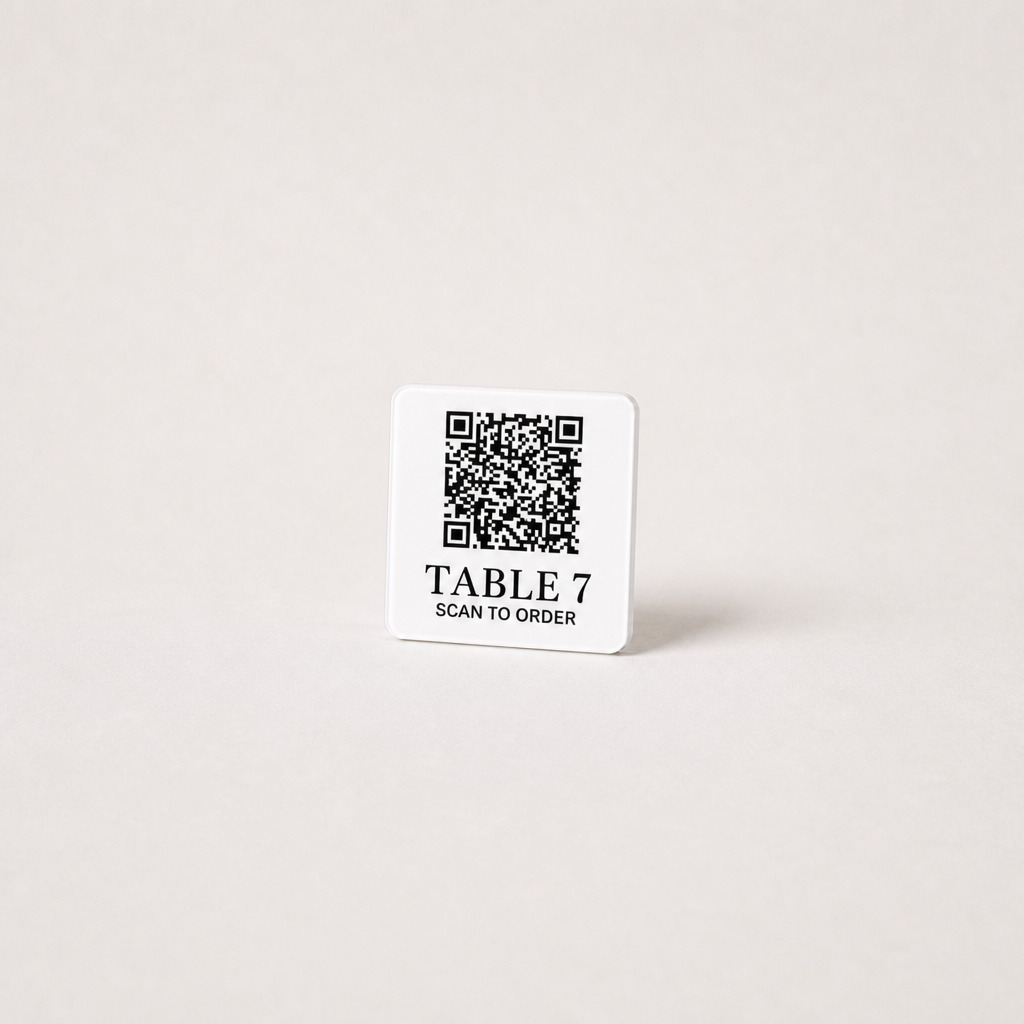 Custom Acrylic QR Table Plaques WiseTap white glossy 5 cm TABLE 7 SCAN TO ORDER