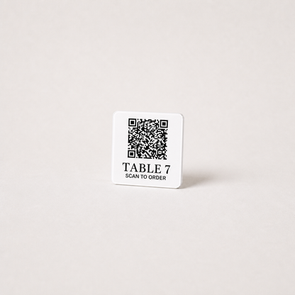 Custom Acrylic QR Table Plaques WiseTap white glossy 5 cm TABLE 7 SCAN TO ORDER