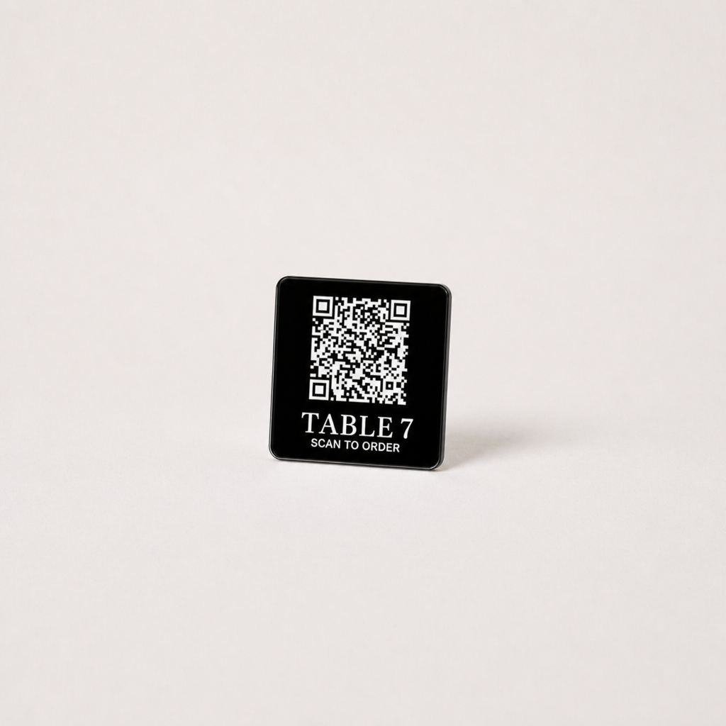 Custom Acrylic QR Table Plaques WiseTap black glossy 5 cm TABLE 7 SCAN TO ORDER