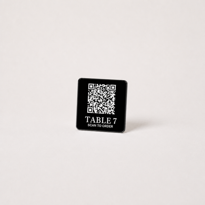 Custom Acrylic QR Table Plaques WiseTap black glossy 5 cm TABLE 7 SCAN TO ORDER