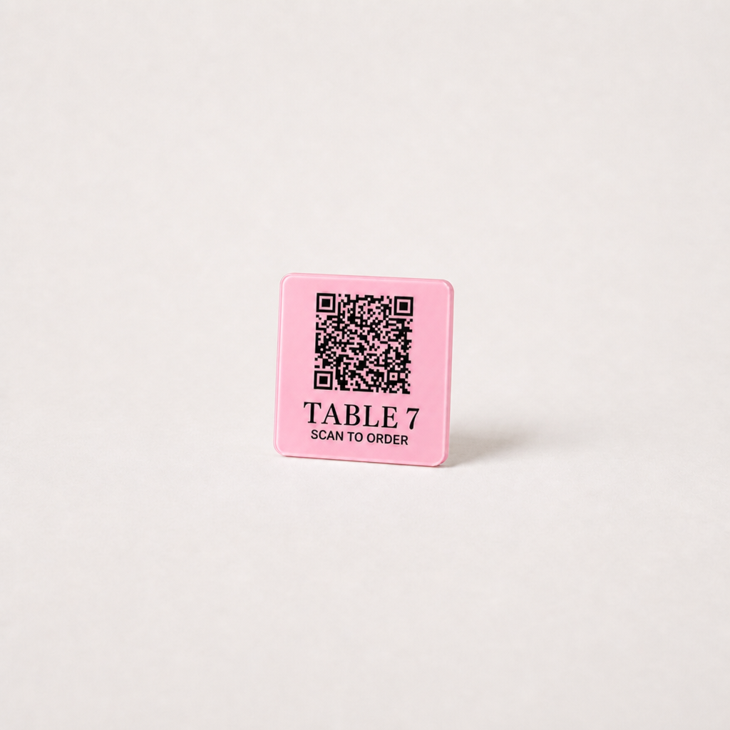 Custom Acrylic QR Table Plaques WiseTap baby pink glossy 5 cm TABLE 7 SCAN TO ORDER