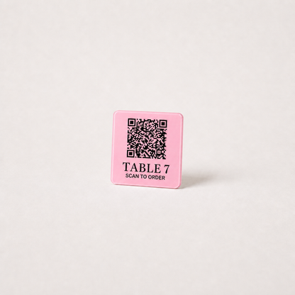 Custom Acrylic QR Table Plaques WiseTap baby pink glossy 5 cm TABLE 7 SCAN TO ORDER