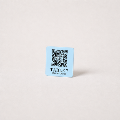 Custom Acrylic QR Table Plaques WiseTap baby blue glossy 5 cm TABLE 7 SCAN TO ORDER