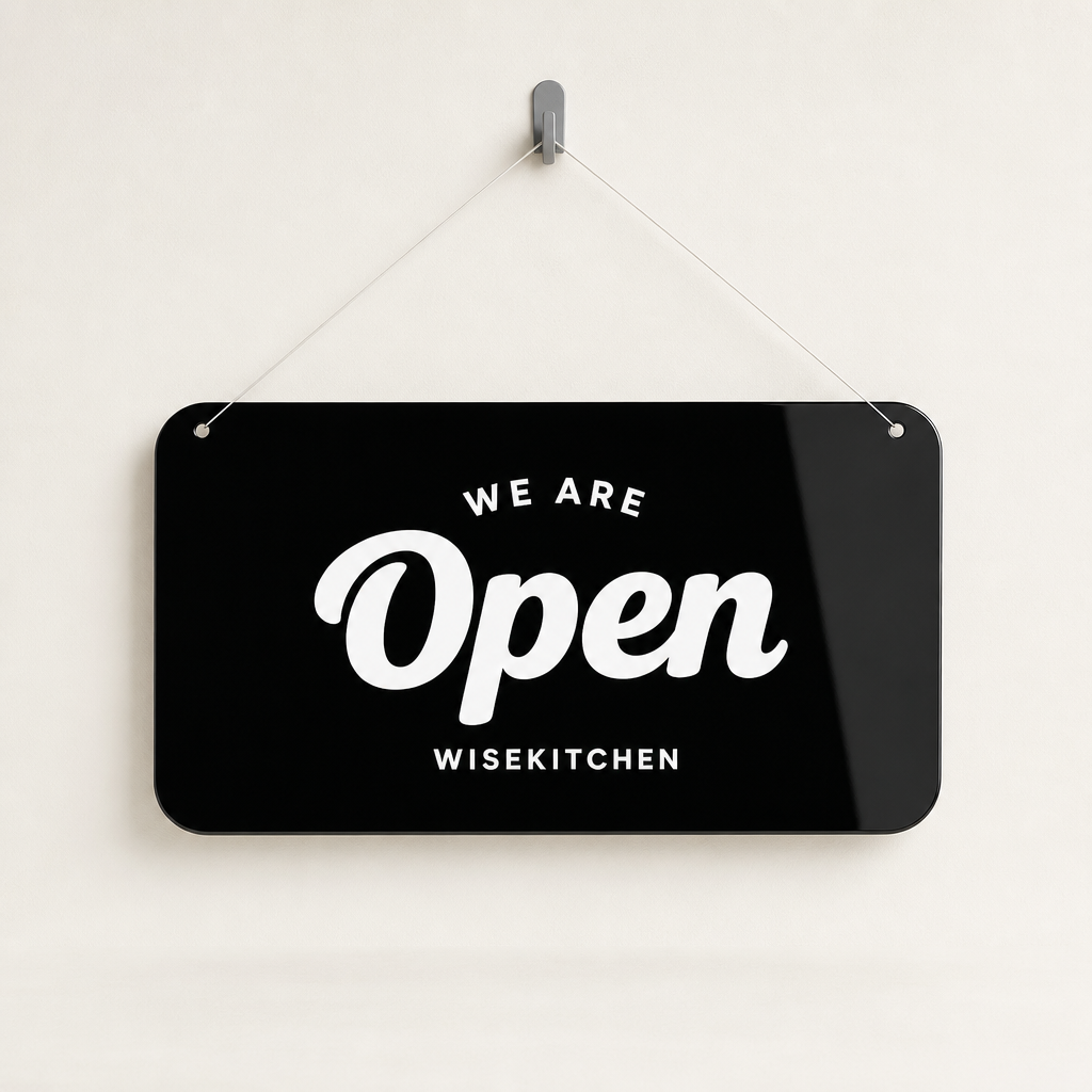 Restaurant Custom Acrylic Open Closed Sign WiseTap black glossy WE ARE Open WiseKitchen