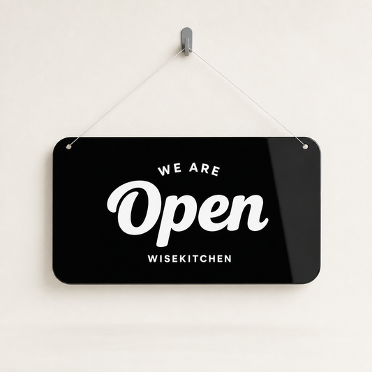 Restaurant Custom Acrylic Open Closed Sign WiseTap black glossy WE ARE Open WiseKitchen