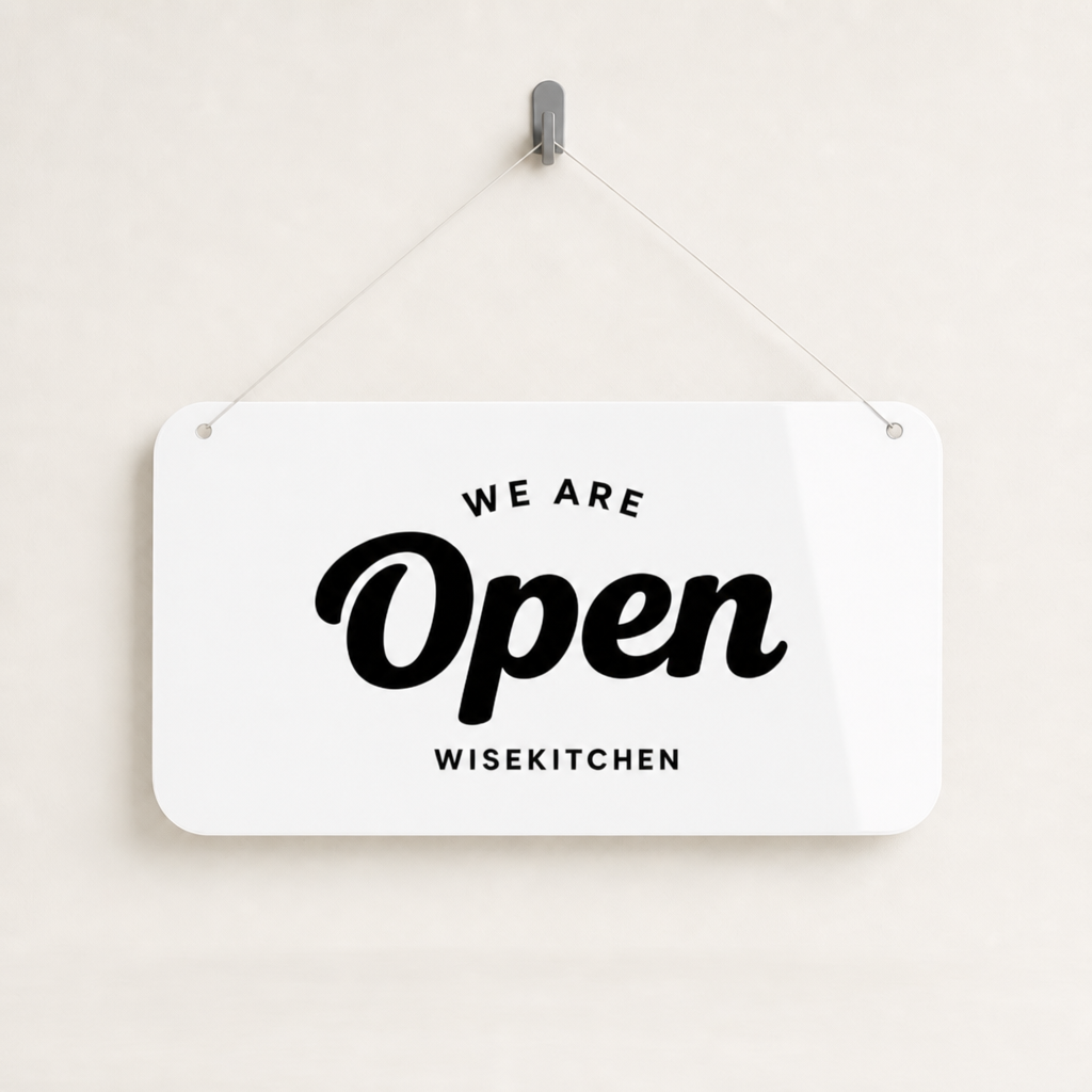 Restaurant Custom Acrylic Open Closed Sign WiseTap white glossy WE ARE Open WiseKitchen