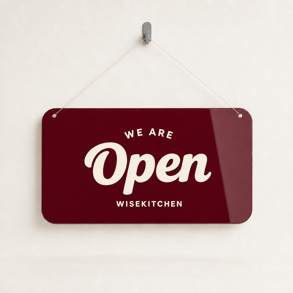 Restaurant Custom Acrylic Open Closed Sign WiseTap burgundy glossy WE ARE Open WiseKitchen