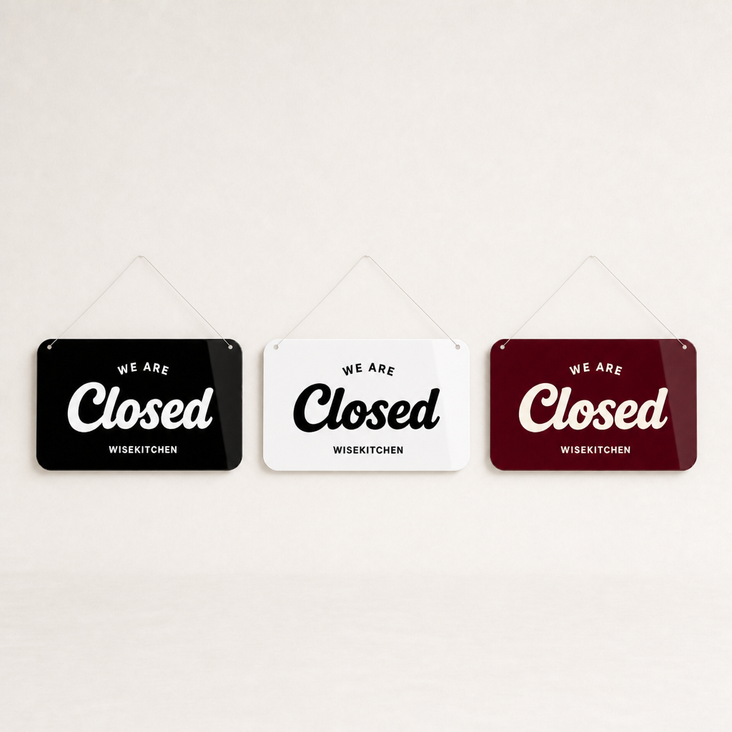 Restaurant Custom Acrylic Open Closed Sign WiseTap black white and burgundy glossy lineup