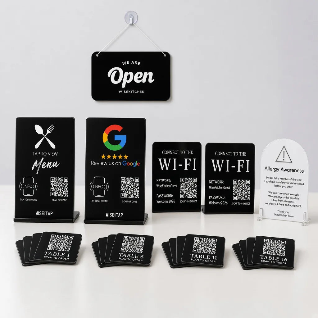 WiseTap Restaurant Premium set with twenty QR table plaques, Menu and Google NFC stands, two Wi-Fi signs, an allergy awareness stand and a hanging WE ARE OPEN sign