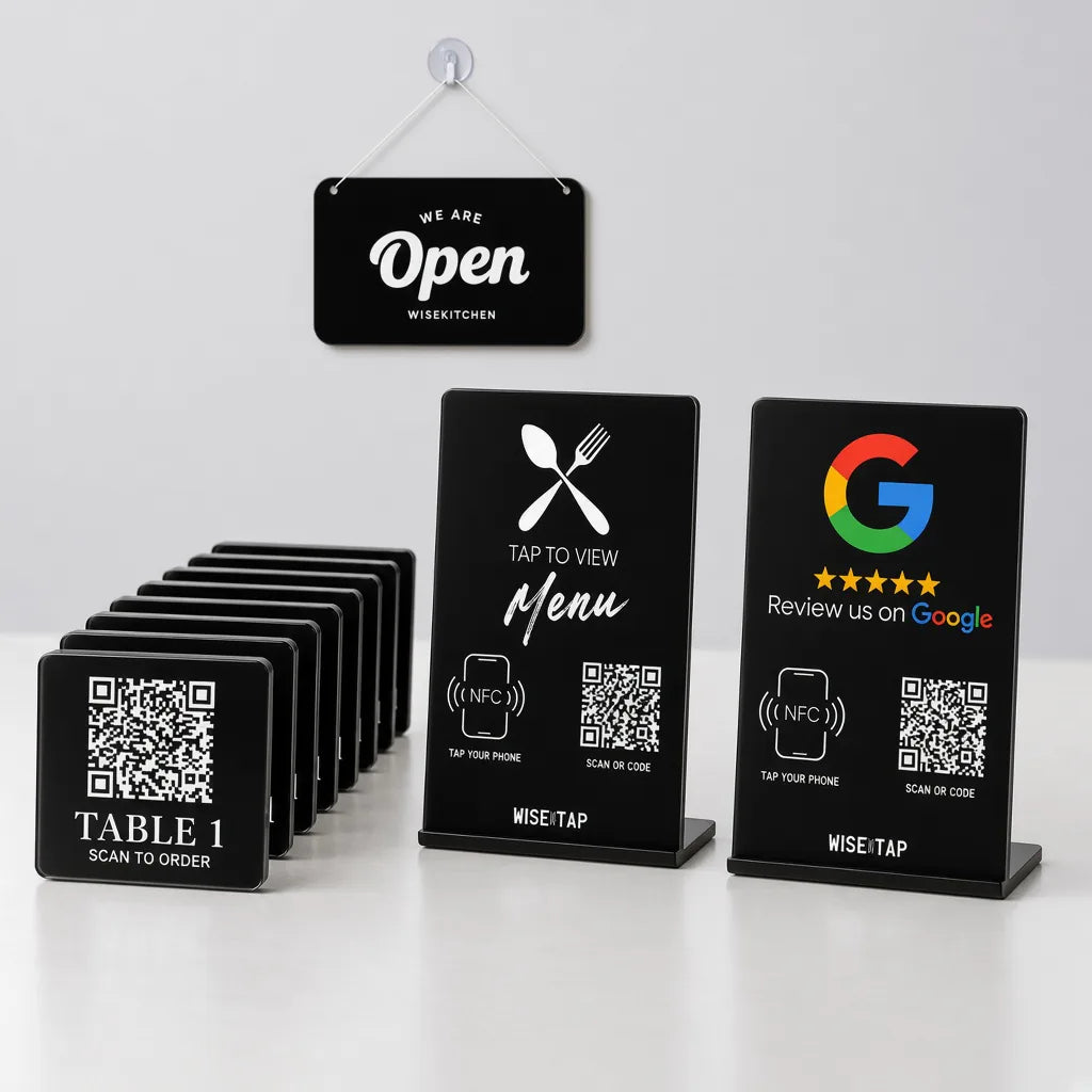 WiseTap Restaurant Starter with ten QR table plaques, a Menu NFC stand, a Google NFC review stand and a hanging WE ARE OPEN sign
