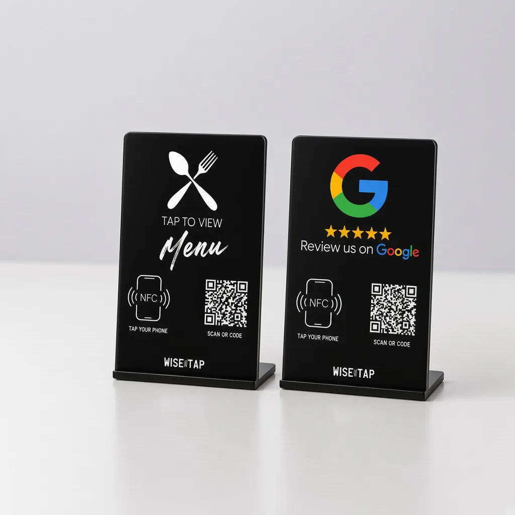 WiseTap Restaurant Starter Lite with a Menu NFC stand and a Google NFC review stand on a counter
