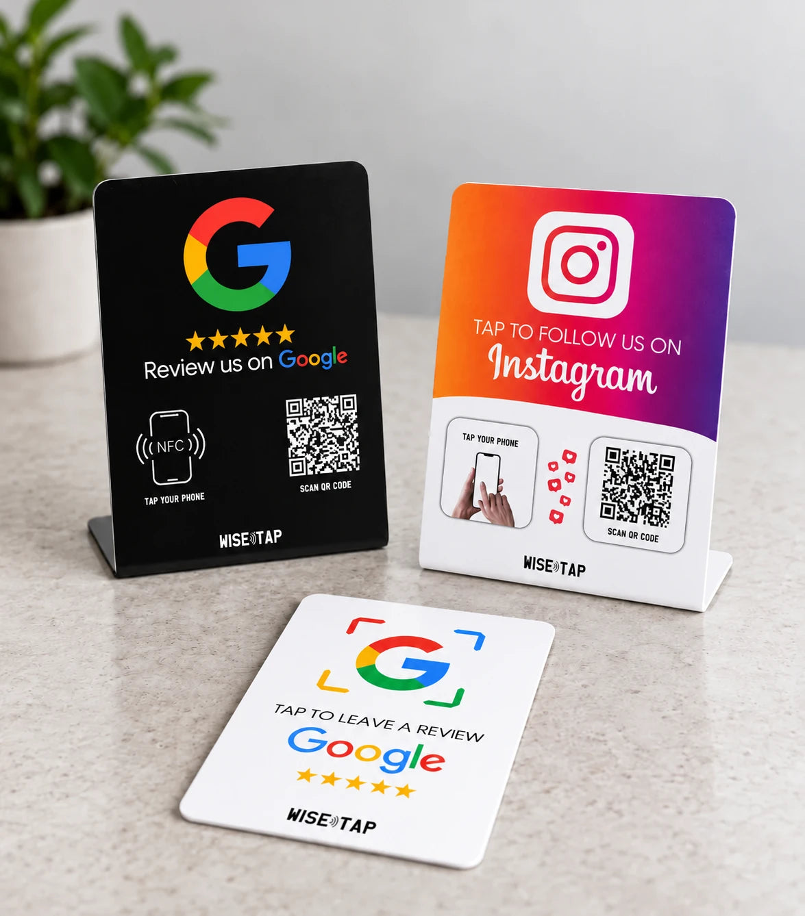 WiseTap Reviews and Followers Starter with a Google NFC stand, Instagram NFC stand and Google NFC card