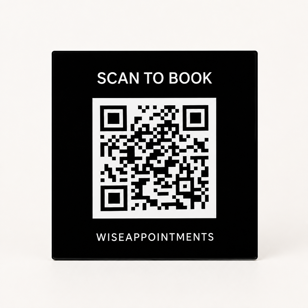 Custom Acrylic Scan to Book Sign WiseTap black glossy WiseAppointments