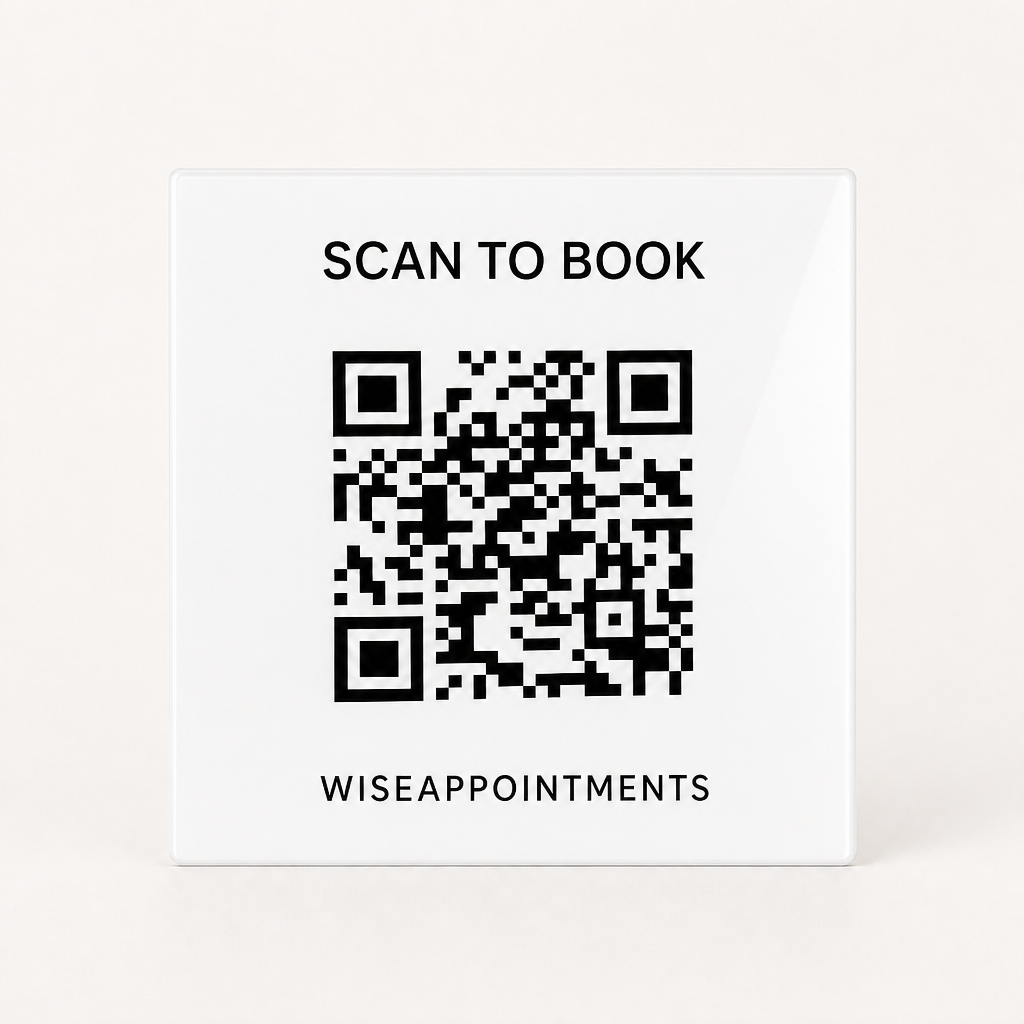 Custom Acrylic Scan to Book Sign WiseTap white glossy WiseAppointments