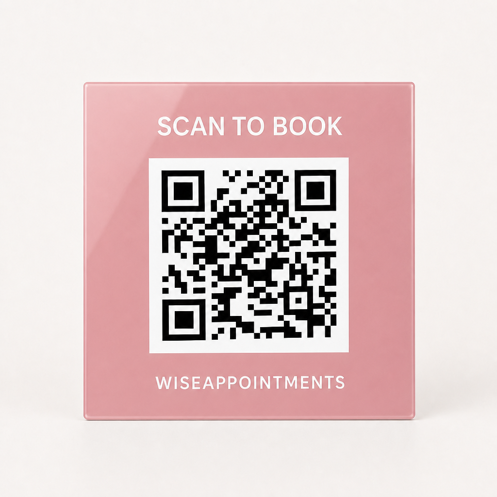 Custom Acrylic Scan to Book Sign WiseTap pink glossy WiseAppointments