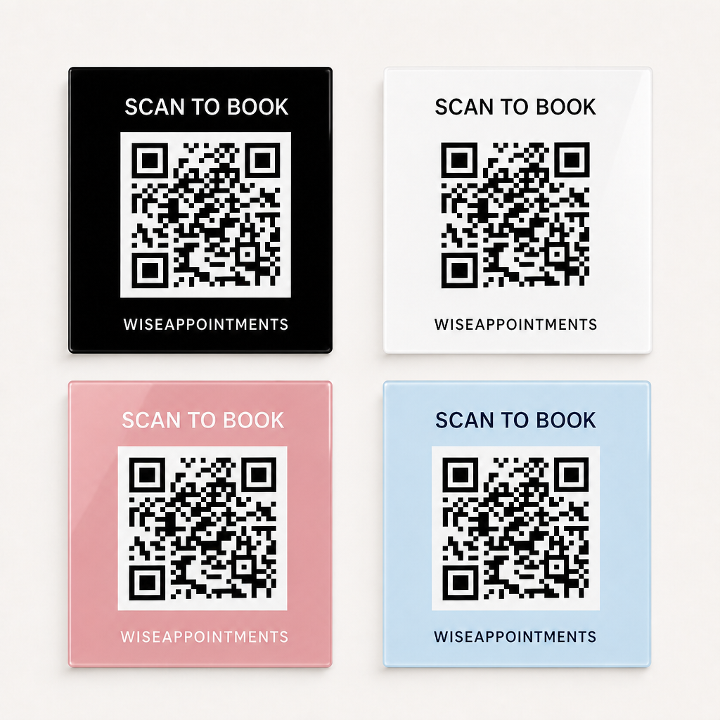 Custom Acrylic Scan to Book Sign WiseTap black white pink baby blue lineup WiseAppointments