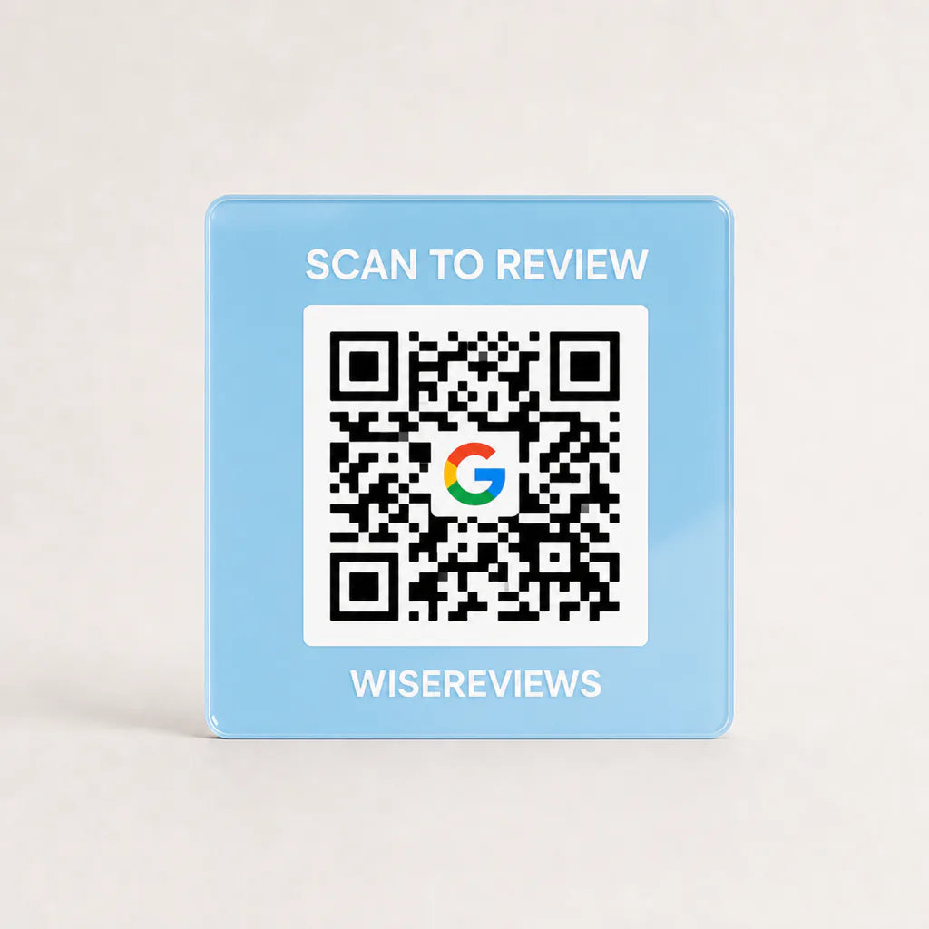 Custom Acrylic Scan to Google Reviews Sign baby blue glossy WiseReviews WiseTap
