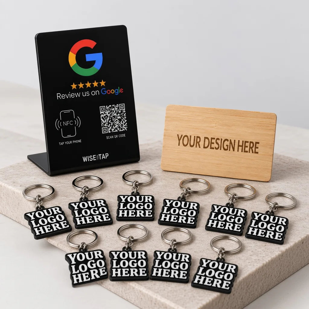 WiseTap Starter Kit Premium with a Google NFC stand, engraved bamboo NFC business card and ten custom-logo NFC keychains on a marble counter